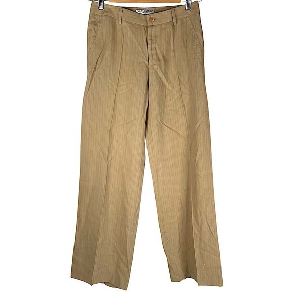 Dolce & Gabbana Italian Wool Blend Tan Pinstripe Wide Leg Trouser Dress Pants 38 - Picture 1 of 8
